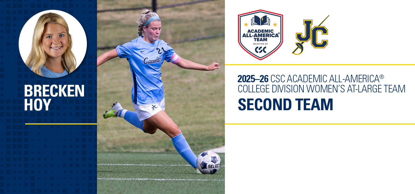 Promotional athletics graphic featuring a circular headshot on a dark blue patterned background at left, a soccer action photo in the center, and award information on the right. The center image shows a college soccer player in a light blue jersey and socks kicking a soccer ball on a field. The left panel displays the name “BRECKEN HOY” in large white text. The right panel includes the CSC Academic All-America Team shield logo and the JC logo above the text: “2025–26 CSC Academic All-America® College Division Women’s At-Large Team” and “SECOND TEAM” in large bold letters. The graphic uses blue, white, gray, and gold accents throughout.